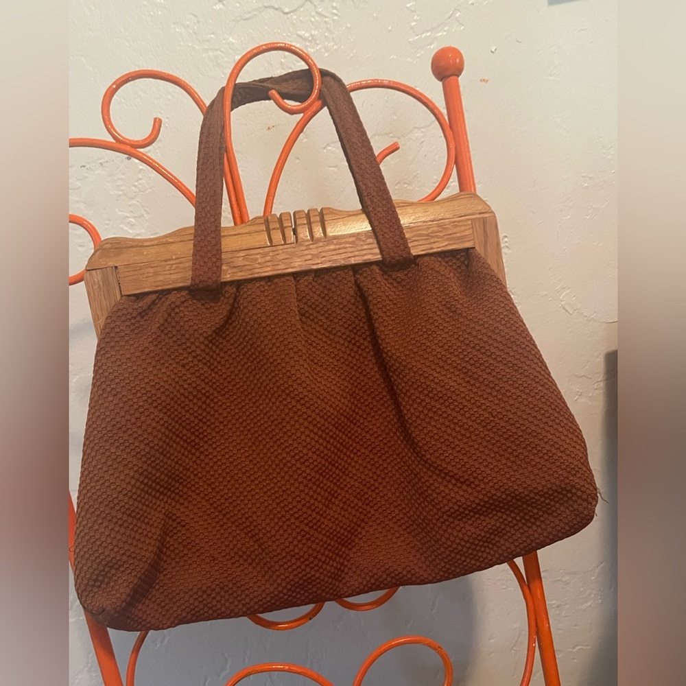 Vintage rust / brown color fabric purse, wooden handle,  like new condition